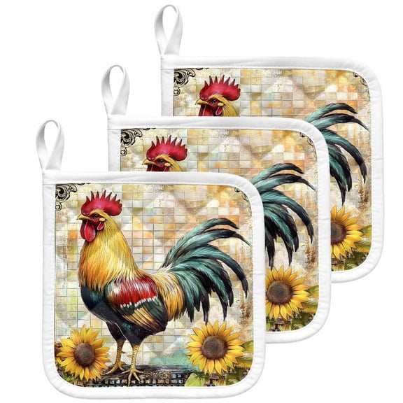 Vintage Rooster Pot Holders for Kitchen Heatproof Potholder, 3 Pack Pastoral Floral Watercolor Animals Hot Pads Multipurpose Oven Pads Cloth Potholders Trivet for Cooking Baking