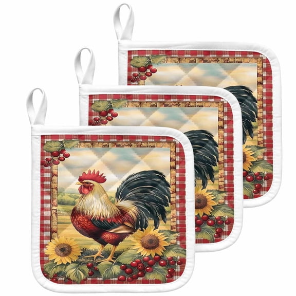 Vintage Rooster Pot Holders for Kitchen Heatproof Potholder, 3 Pack Pastoral Watercolor Sunflower Plaid Hot Pads Multipurpose Oven Pads Cloth Potholders Trivet for Cooking Baking