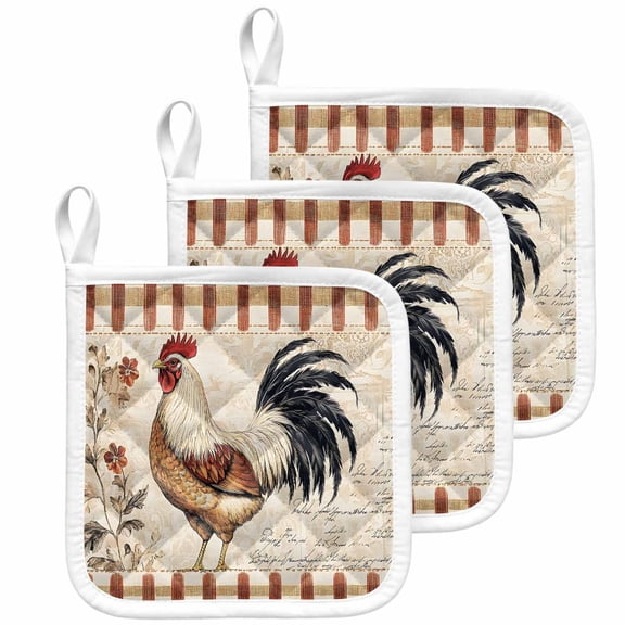 Vintage Rooster Pot Holders for Kitchen Heatproof Potholder, 3 Pack Watercolor Spring Floral Farmhouse Animals Hot Pads Multipurpose Oven Pads Cloth Potholders Trivet for Cooking Baking