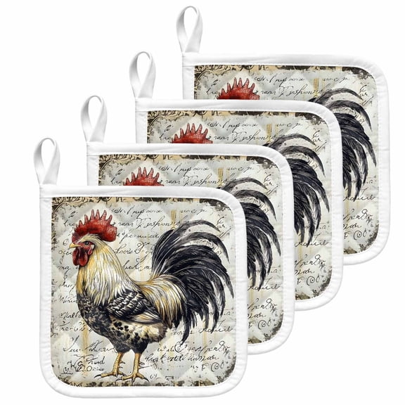Vintage Rooster Pot Holders for Kitchen Heatproof Potholder, 4 Pack Watercolor Black Yellow Farmhouse Animals Hot Pads Multipurpose Oven Pads Cloth Potholders Trivet for Cooking and Baking