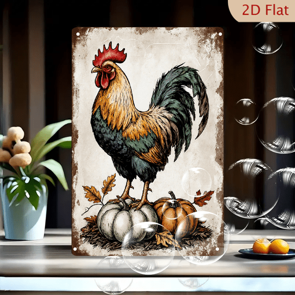 Vintage Rooster on Pumpkins 8x12 Inch Metal Wall Art, Rustic Fall Harvest Decor with Oak Leaves and Straw, Folk Art Woodcut Style for Kitchen or Farmhouse Home Decoration