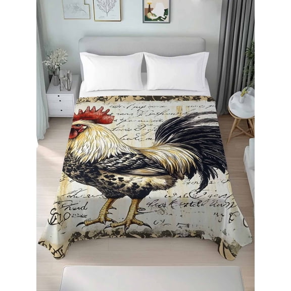 Vintage Rooster Queen Size Flat Sheet, Wrinkleproof & Fadeproof Cooling Flat Bed Sheet Only, Watercolor Black Yellow Farmhouse Animals Breathable Soft Bedding Top Sheets 90 x 102 Inches