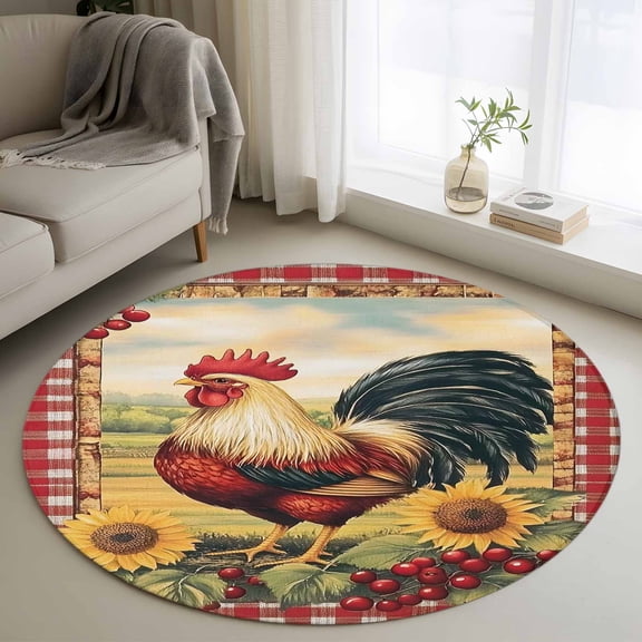 Vintage Rooster Round Area Rug 3.3 FT, Non Slip Small Entryway Kitchen Mat, Pastoral Watercolor Sunflower Plaid Washable Soft Circular Rug Non-Shedding Door Mat for Bathroom Playroom Kids Room