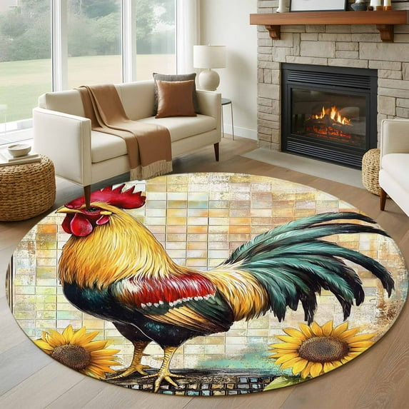 Vintage Rooster Round Area Rug 7 FT, Non Slip Living Room Area Carpet, Pastoral Floral Watercolor Animals Washable Soft Circular Rug Non-Shedding Floor Carpet for Bedside Office Play Room Classroom