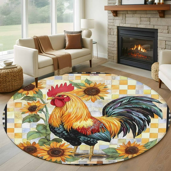 Vintage Rooster Round Rug 5ft Washable Circle Kitchen Rugs Non Slip Farmhouse Sunflower Animals Plaid Large Area Rug Indoor Floor Carpet for Bedroom Living Room Home Office Dining Room Nursery