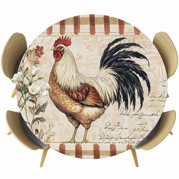 Vintage Rooster Round Tablecloth 36-44 Inch Round Fitted Table Cloth with Elastic Edge, Watercolor Spring Floral Farmhouse Animals Waterproof Table Cover Protector for Outdoor Picnic Party Dining
