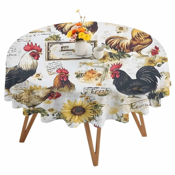 Vintage Rooster Round Tablecloth 54 inches Sunflower Envelope Farmhouse Rural Country Waterproof Oil-Proof Table Cloth Round Table Cover for Holiday Party Picnic Dinner Decor Indoor and Outdoor Use