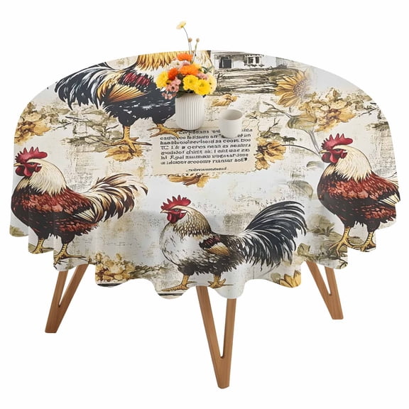 Vintage Rooster Round Tablecloth 54 inches Sunflower Farmhouse Rural Country Waterproof Oil-Proof Table Cloth Round Table Cover for Holiday Party Picnic Dinner Decor Indoor and Outdoor Use