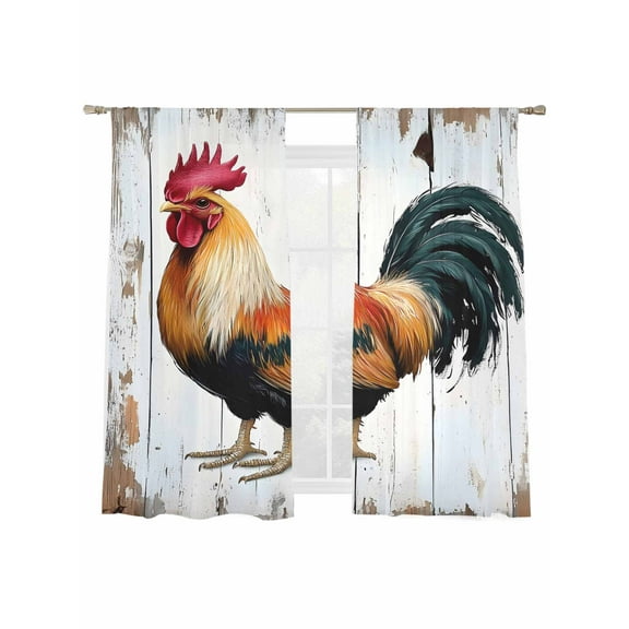 Vintage Rooster Sheer Curtains 63 Inch Long 2 Panels, Colorful Chicken White Wooden Broad Light Filtering Rod Pocket Semi Sheer Curtains, Sheer Voile Drapes for Living Room Bedroom, 52"x63"