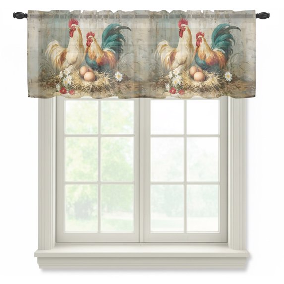 Vintage Rooster Sheer Curtains Valances for Windows Farmhouse Oil Painting Chiffon Kitchen Valances for Cafe, Rod Pocket Voile Window Treatments Curtains for Living Room Bedroom, 42"x18"