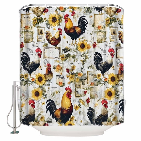 Vintage Rooster Shower Curtain, 36" x 72", Farmhouse Sunflower Watercolor Animal Waterproof Bathroom Curtain Washable Shower Curtain Set with 12 Hooks