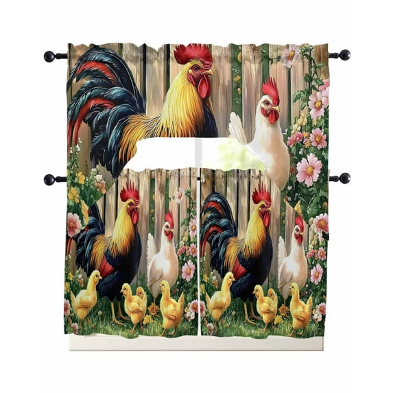 Vintage Rooster Swag Curtains for Living Room/Bedroom Windows, Farmhouse Animals Watercolor Floral Kitchen Curtains and Valances Set 36 Inch Length, Light Filtering Swags Valance Curtain Panels