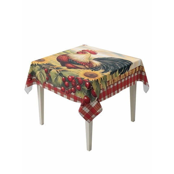 Vintage Rooster Table Cloth, Pastoral Watercolor Sunflower Plaid Waterproof Tablecloth for Square Tables, Reusable Washable Fabric Table Cover for Restaurant Kitchen Dining Tables 54"x54"