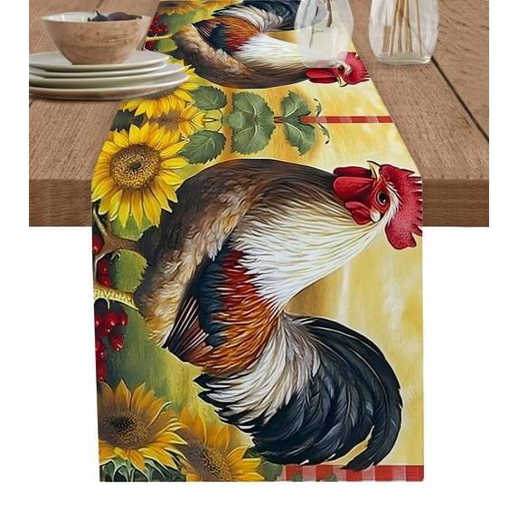 Vintage Rooster Table Runner 48 Inches, Sunflower Plaid Farmhouse Animals Bed Runner Dresser Scarves Tabletop for Indoor Outdoor Parties/Ceremony/Banquet, 13" x 48"