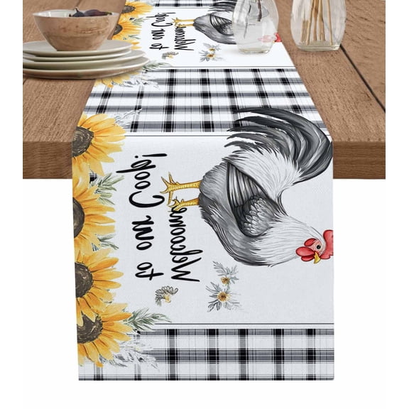 Vintage Rooster Table Runner 72 Inches, Sunflower Checkered Watercolor Animals Bed Runner Dresser Scarves Tabletop for Indoor Outdoor Parties/Ceremony/Banquet, 18" x 72"