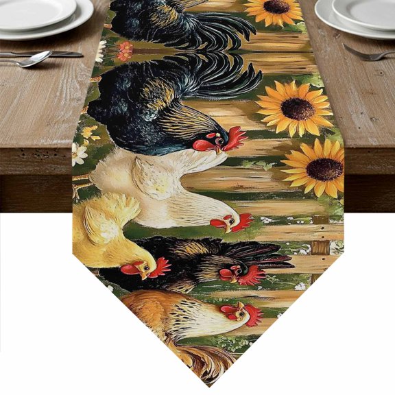 Vintage Rooster Table Runner Linen Burlap Table Runner 108 Inches Long Farmhouse Watercolor Animals Floral Dresser Scarves for Kitchen Island Coffee Dining Party Wedding Holiday Decor 13"x108"
