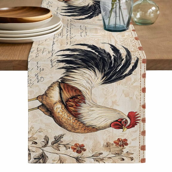 Vintage Rooster Table Runner, Watercolor Spring Floral Farmhouse Animals Washable Cotton Linen Table Runners 36 Inches Long, Dresser Scarf Runner for Nightstand/End Tables/Round Tables 13''x36''