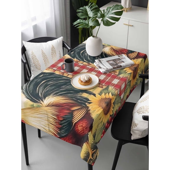 Vintage Rooster Tablecloth Rectangle Table Cloth 60x120, Waterproof Tablecloth Outdoor Table Cloth, Pastoral Watercolor Sunflower Plaid Washable Table Cover for Kitchen Dinning Party