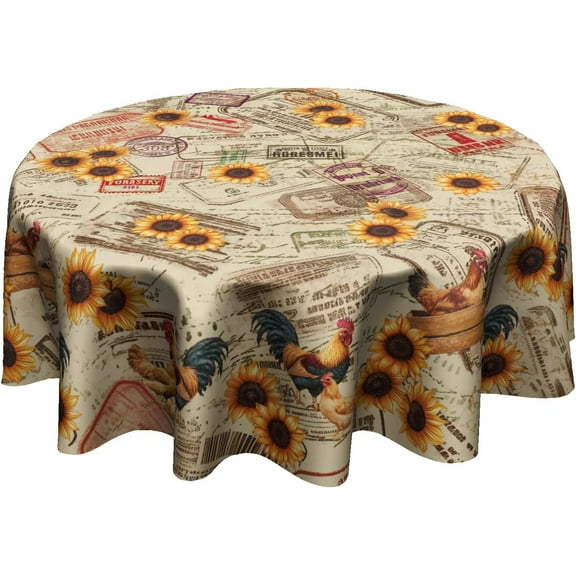Vintage Rooster Tablecloth Round 60 Inch Farm Sunflower Decorative Table Cloth Waterproof Table Cover for Kitchen Dining Indoor Outdoor