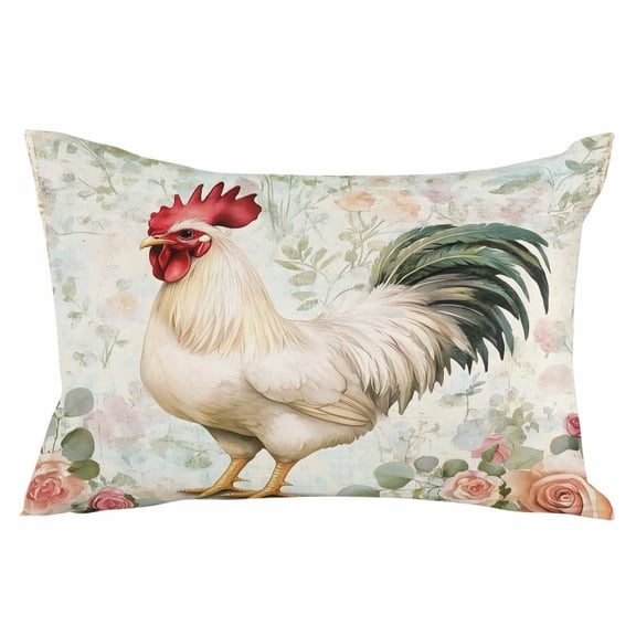 Vintage Rooster Throw Pillow Cover 20 x 26 Inch Decorative Pillow Cover Watercolor White Animals Spring Floral Lumbar Pillowcase Seasonal Rectangle Cushion Case for Couch Sofa Bed Living Room