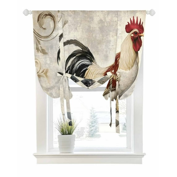 Vintage Rooster Tie Up Curtains for Window, Thermal Insulted Balloon Shade Adjustable Rod Pocket Curtains Valance Panels for Kitchen Bathroom Cafe 42 x 45 Farmhouse Animals Geometric