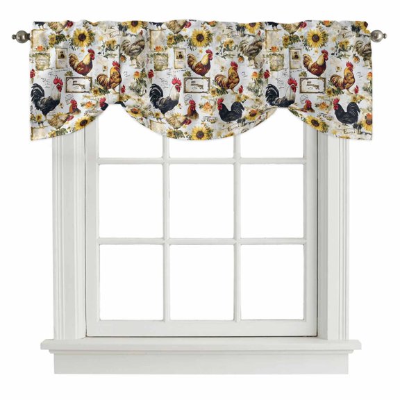 Vintage Rooster Tie Up Window Valance Sunflower Envelope Farmhouse Rural Country Tie-up Valance for Kitchen Windows Adjustable Small Curtain Balloon Shades for Kitchen Bathroom Cafe 42x12inch