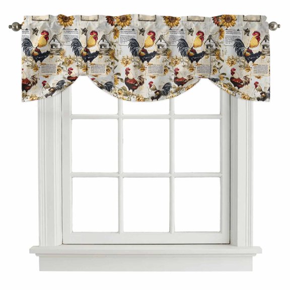 Vintage Rooster Tie Up Window Valance Sunflower Farmhouse Rural Country Tie-up Valance for Kitchen Windows Adjustable Small Curtain Balloon Shades for Kitchen Bathroom Cafe 42x12inch