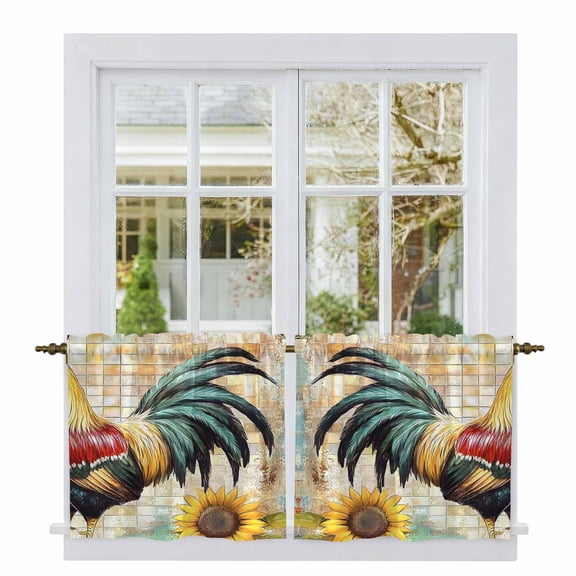 Vintage Rooster Tier Curtains, Pastoral Floral Watercolor Animals Light Filtering Kitchen Curtains, 2Pcs Rod Pocket Half Window Treatments Panels for Sink Cafe Cabinet Camper 27.5x24 Inches