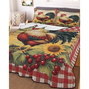 Vintage Rooster Twin Size Down Alternative Comforter, Lightweight Comforter Quilt Bedding Set with Pillow Shams Pastoral Watercolor Sunflower Plaid All Seasons Bed Comforter Duvet Insert 68"x86"