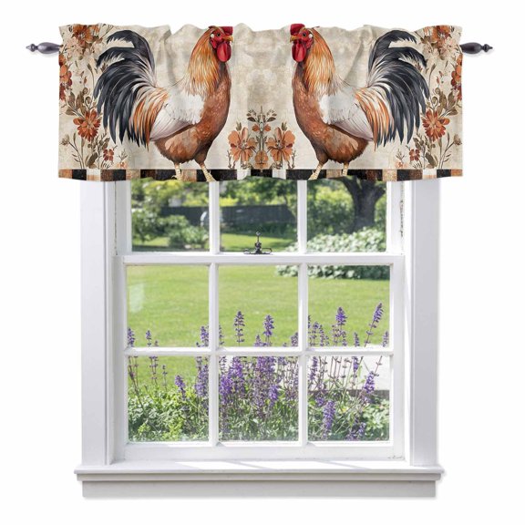 Vintage Rooster Valances for Windows Farmhouse Red Flower Rustic Country Animal Rod Pocket Cafe Window Treatments Valance Curtains for Kitchen Bathroom Laundry Basement Windows 54"x18"