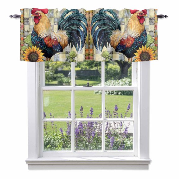 Vintage Rooster Valances for Windows Farmhouse Retro Sunflower Animal Floral Checkered Rod Pocket Cafe Window Treatments Valance Curtains for Kitchen Bathroom Laundry Basement Windows 60"x14"