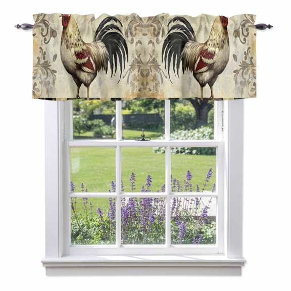 Vintage Rooster Valances for Windows Retro Flower Animal Watercolor Plaid Farmhouse Rod Pocket Cafe Window Treatments Valance Curtains for Kitchen Bathroom Laundry Basement Windows 54"x18"