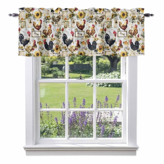 Vintage Rooster Valances for Windows, Sunflower Envelope Farmhouse Rural Country Valance Window Treatment Rod Pocket Short Curtains Valances for Kitchen Bathroom 54"W x 18"L