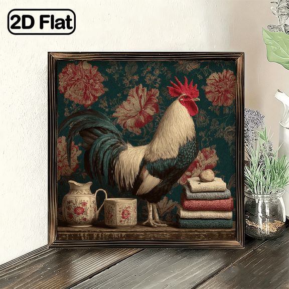Vintage Rooster Wall Art Decor with Floral Background, 8x8 Inch Decorative Signs & Plaques, Farmhouse Animal Painting for Kitchen Living Room Bedroom, Unique Gift for Family Friends