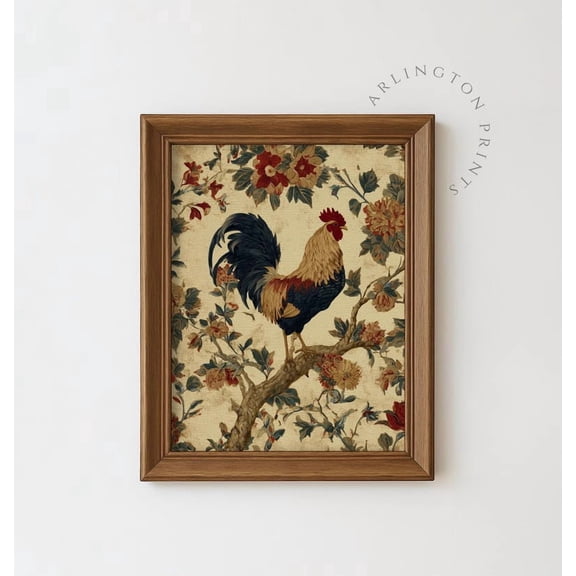 Vintage Rooster Wall Art, Rustic Farmhouse Floral Print, Farm Animal Print, Country Kitchen Decor, Chicken Artwork Size 24x36 Unframed Poster