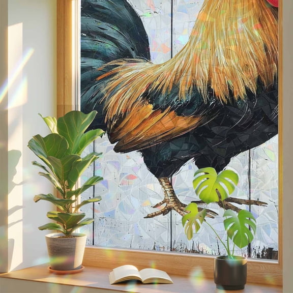 Vintage Rooster Window Privacy Film Rainbow Static Cling Stain Glass Window Film for Glass Door, Decorative Sunroof Decal Sticker for Car Bathroom Home 19.6"x39.3" Watercolor Retro Farmhouse Rooster