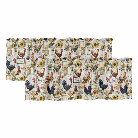 Vintage Rooster Window Valance, Sunflower Envelope Farmhouse Rural Country 2 Pack Decorative Curtain for Small Windows, Light Filtering Valance with 3” Rod Pocket, 42"W x 12"L