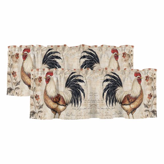 Vintage Rooster Window Valance, Watercolor Spring Floral Animals Farmhouse Country 2 Pack Decorative Curtain for Small Windows, Light Filtering Valance with 3” Rod Pocket, 42"W x 12"L