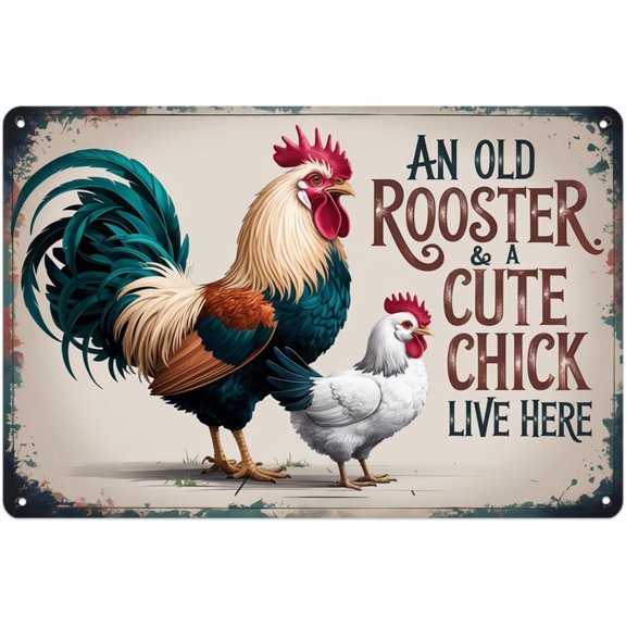 Vintage Rooster and Hen Farm Animal Metal Tin Sign, Rustic Wall Decor for Bar Cafe Garden, 8 x 12 Inches, Easy to Hang