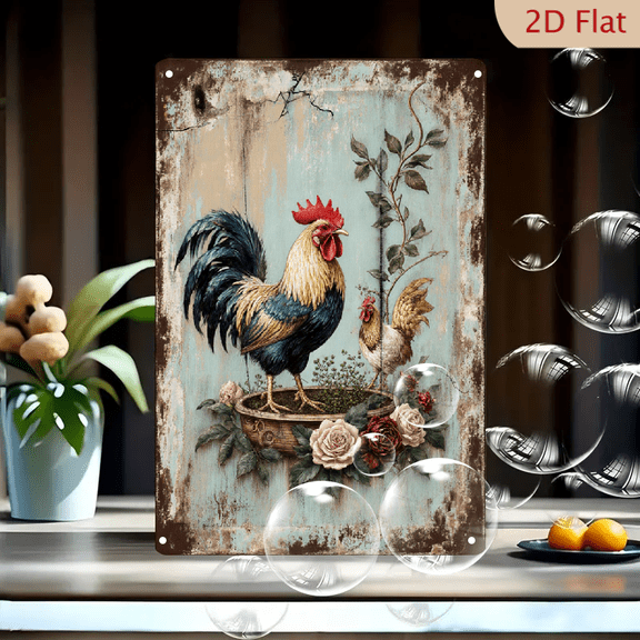 Vintage Rooster and Hen Farmhouse Wall Art, 8x12 Inch Metal Tin Sign with Roses on Weathered Teal Background, Rustic Decor for Kitchen or Barn