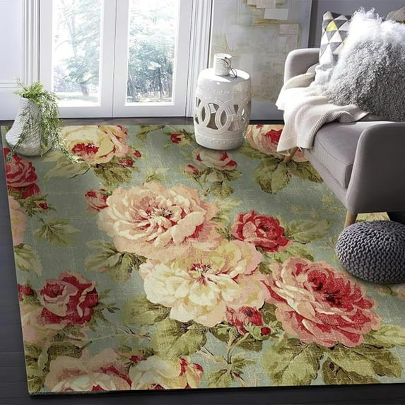 Vintage Rose Area Rug, Women Pink Rose Flower Indoor Non Slip Large Area Rugs, Machine Washable Breathable Durable Carpet For Living Room Bedside Bedroom Office 5x7ft