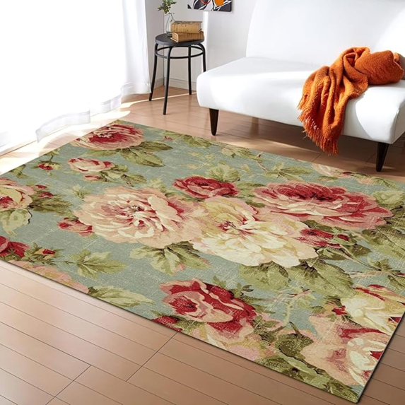Vintage Rose Area Rug, Women Pink Rose Flower Non Slip Easy Care Kids Rugs, Breathable Durable Carpet For Indoor Bedroom Living Room Office Decor Rug 2x3ft