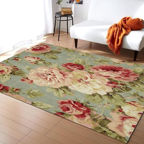Vintage Rose Area Rug, Women Pink Rose Flower Non Slip Easy Care Kids Rugs, Breathable Durable Carpet For Indoor Bedroom Living Room Office Decor Rug 3x4ft
