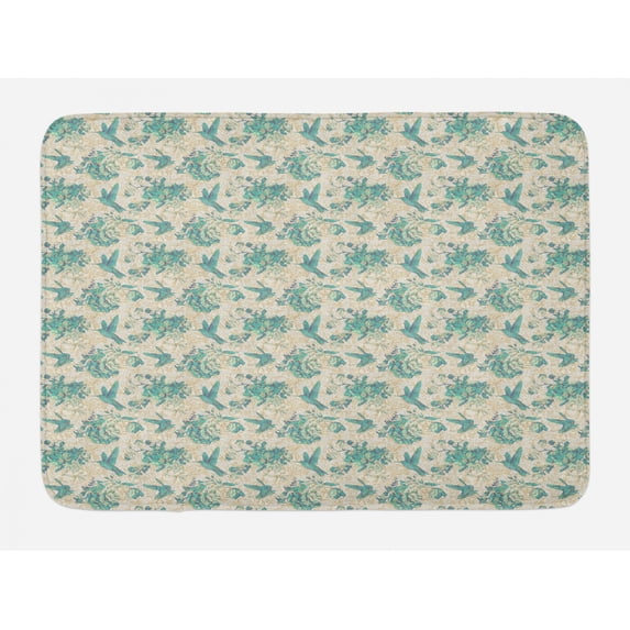 Vintage Rose Bath Mat, Birds and Leaves Grunge Look Illustration, Plush Bathroom Decor Mat with Non Slip Backing, 29.5" X 17.5", Eggshell Seafoam, by Ambesonne