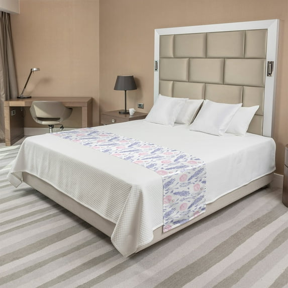 Vintage Rose Bed Runner, Repeating Rosebuds and Lavenders Pattern on Plain Background, Decorative Accent Bedding Scarf for Hotels Homes and Guestrooms, King, Pale Pink Pale Ceil Blue, by Ambesonne