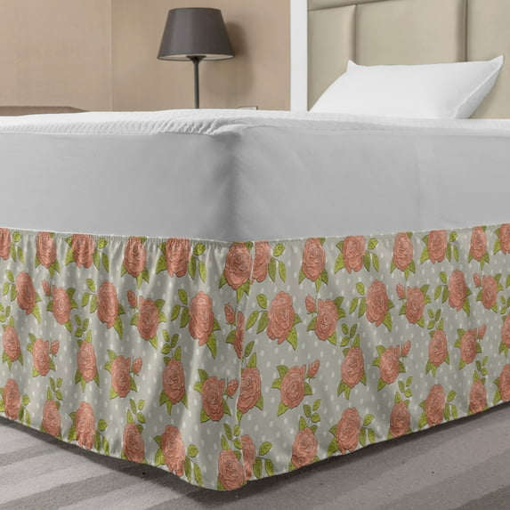 Vintage Rose Bed Skirt, Colored Flower Sketch Print on Polka Dots Background, Elastic Bedskirt Dust Ruffle Wrap Around for Bedding Decor, 4 Sizes, Dust Peach, by Ambesonne