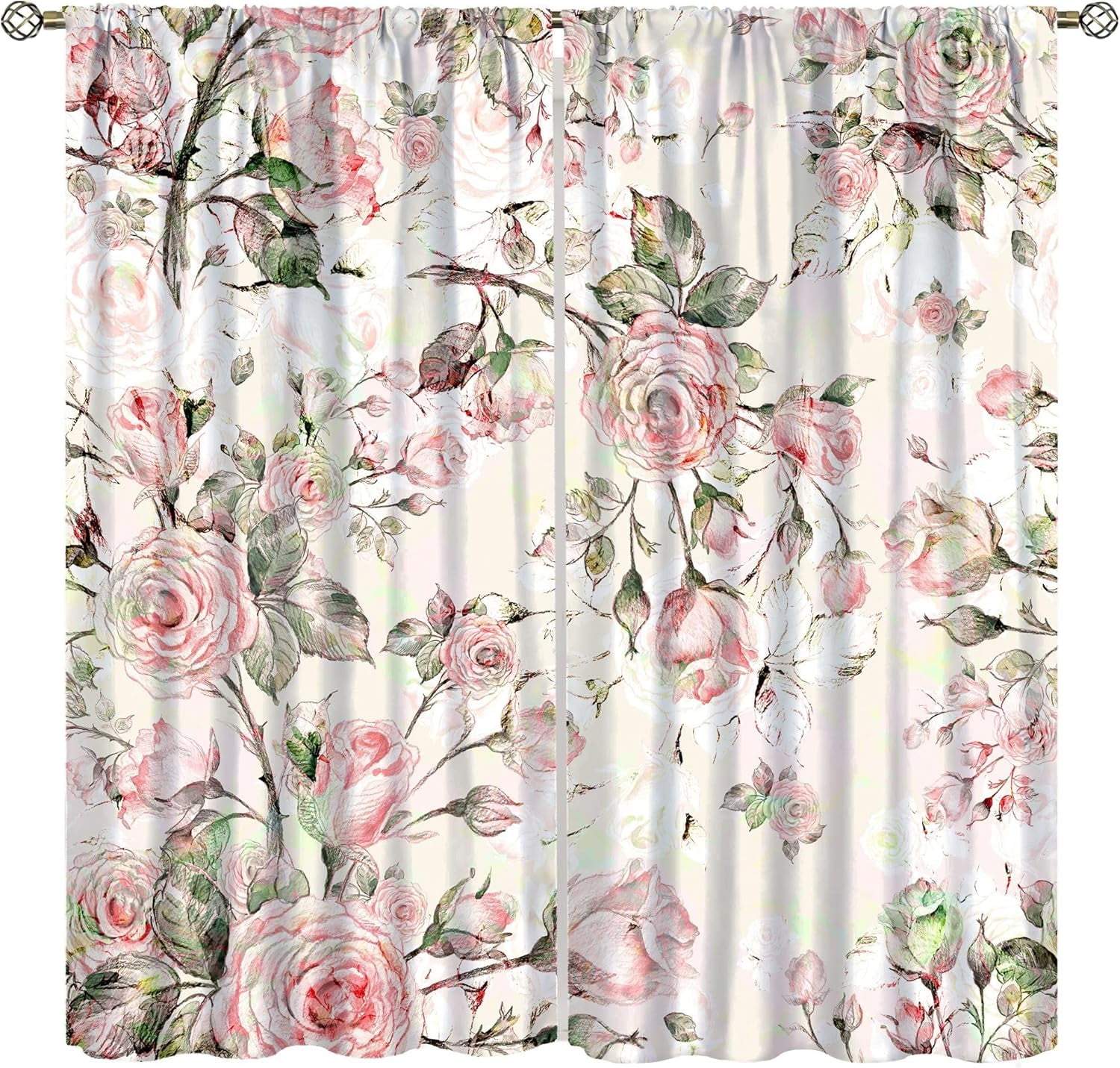 Vintage Rose Blackout Curtains, Delicate Red Rose Beige Background Lovely Botanical Print, Bedroom Living Room Kitchen Rod Pocket Curtains42X84x2 Inch