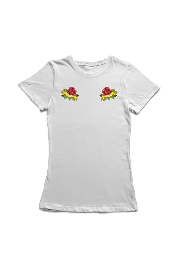 Vintage Rose Blooms Chest Design Women White T-Shirt, Female Medium