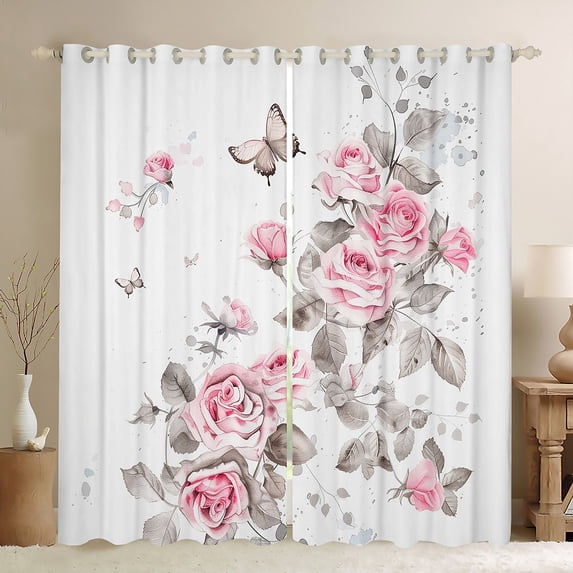 Vintage Rose Butterfly 2 Panels,42"x84" 30%-50% Blackout Curtains,Romantic Rose Floral Curtains,Watercolor Branches Plants Leaf Window Curtains & Drapes,Chic Ink Wash Painting Darkening Curtains