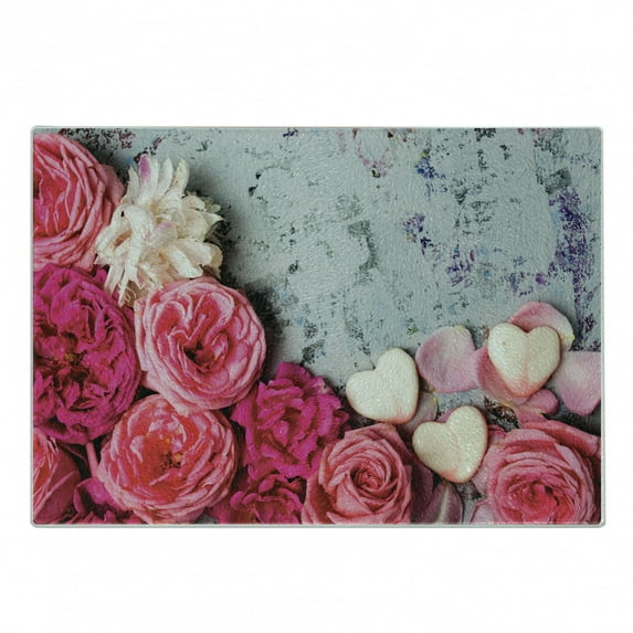 Vintage Rose Cutting Board, Valentines Romantic Photo of Flower Heart Shaped Leaves, Decorative Tempered Glass Cutting and Serving Board, in 3 Sizes, by Ambesonne